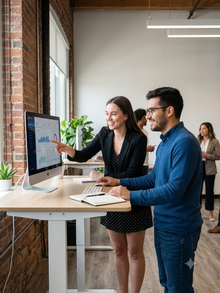 Two smartIBAN colleagues reviewing a payments dashboard together at a standing desk